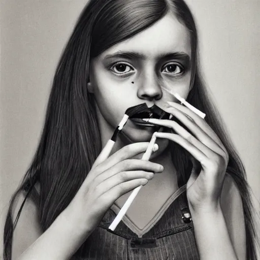 Prompt: girl holding a cigarette with her fingers, highly detailed, advertisement for a crossover salon, style by Maurits Cornelis Escher photo, 4k,
