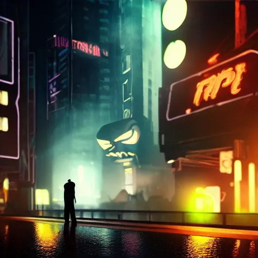 Image similar to Halloween ghost under a sheet, floating ghost, smoking a cigarette, floating over futuristic metropolis sidewalk, at night, bright neon city lights, blade runner, trending on artstation, matte finish, volumetric lighting, 8k, 4k