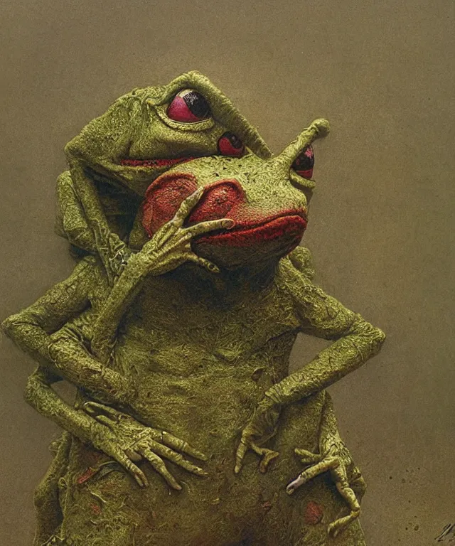 Image similar to bloody Kermit the frog megalophobia by Beksinski, macro