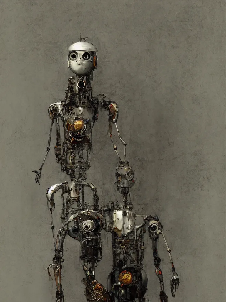 Prompt: full-length portrait of a singular old mechanical humanoid robot who is very sadly sitting in the corner of an empty room, by Esao Andrews, sharp focus, fresh colors, moody light, shallow depth of field, deviantart, conceptart