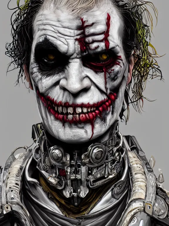 Prompt: portrait art of 8k ultra realistic undead two face joker, detailed intricate ornate armour,decaying, cybernetic, full of colour, cinematic lighting, battered, trending on artstation, 4k, hyperrealistic, focused, extreme details,unreal engine 5, cinematic, masterpiece, art by ayami kojima, giger