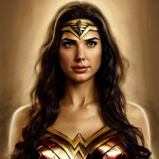 Prompt: portrait of Gal Gadot as Wonder Woman, looking at camera, D&D, intricate, elegant, serious expression, fantasy, extremely detailed, digital painting, artstation, concept art, smooth, sharp focus, illustration, stunning lighting, art by artgerm and greg rutkowski and alphonse mucha and simon stalenhag.