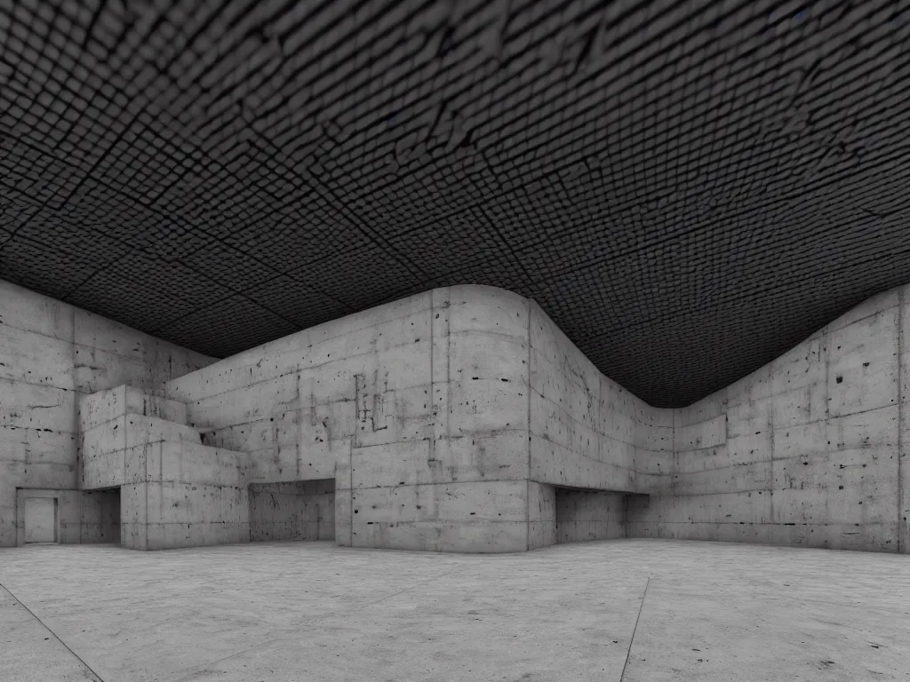 Prompt: Concrete huge dark-gray multi-layered underground structure with multiple floors and a plus-shaped cleft in the center. Inside view, straight lines, corners, high detailed, details, ultra realistic, photorealism, 8k, symmetrical, brutalism, beam, non-euclidean, architecture, volumetric lighting, cinematic