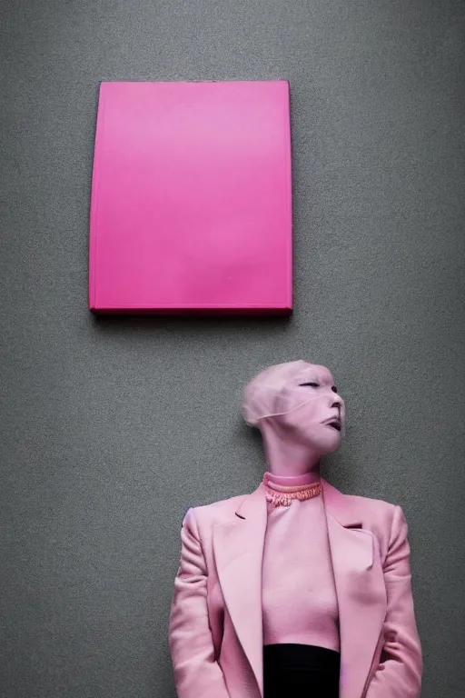 Prompt: a surreal portrait of a woman stuck in a pink wall in the style of brooke didonato, editorial fashion photography from vogue magazine, full shot, nikon d 8 1 0, ƒ / 2. 5, focal length : 8 5. 0 mm, exposure time : 1 / 8 0 0, iso : 2 0 0