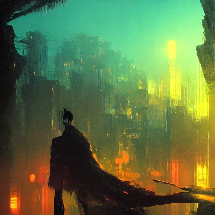 Prompt: liu wen, abstract, concept art, digital painting, noir, backlit, bokeh, neonlights, atmospheric, by bruce pennington, by wayne barlowe