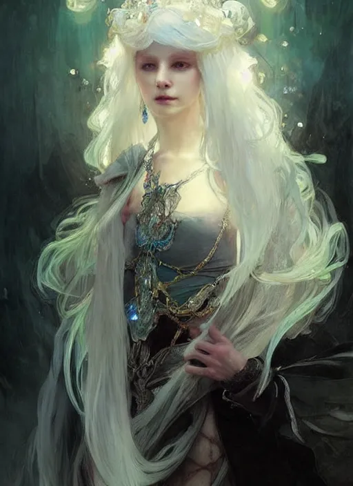 Prompt: a beatiful white haired princess, adorned with precious stone jewelry, intricate concept art, ethereal, ominous, dramatic lighting, Ruan Jia and Jeremy Mann and Alphonse Mucha