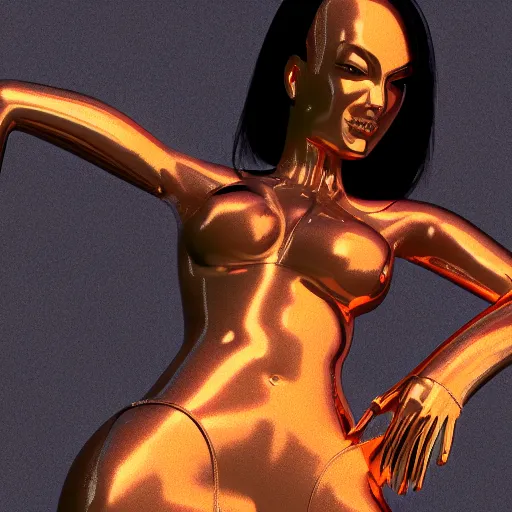 Prompt: chrome woman by hajime sorayama, 4 k, 3 d render, golden hour
