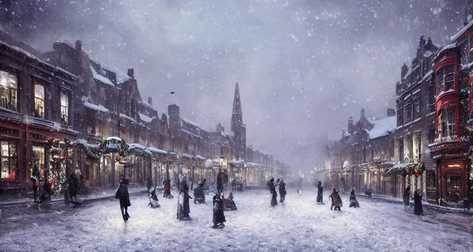 snowy christmas victorian london, street scene, street | Stable Diffusion