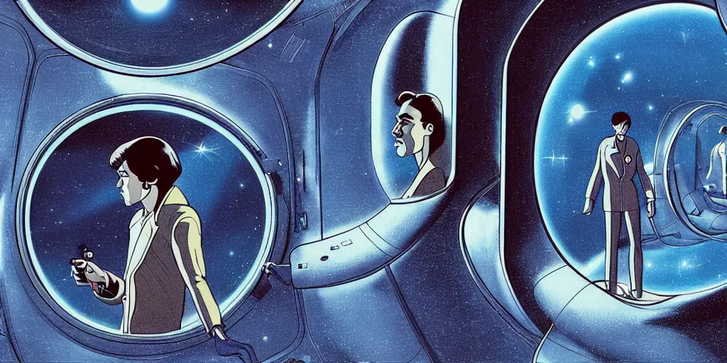 Image similar to a portrait of lonely single Alain Delon alone pilot in posing in symmetrical spaceship station planet captain bridge outer worlds extraterrestrial hyper contrast well drawn in FANTASTIC PLANET La planète sauvage animation by René Laloux