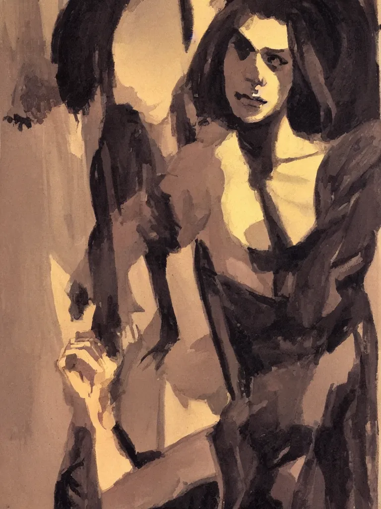 Image similar to portrait profile of one mysterious dark beautiful women in 1 9 7 8, oil painting by john watkiss