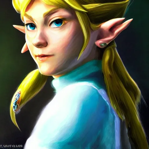 Image similar to An ultra-realistic portrait painting of Zelda from The Legend of Zelda in the style of Alex Ross. 4K. Ultra-realistic. Highly detailed. Epic lighting.