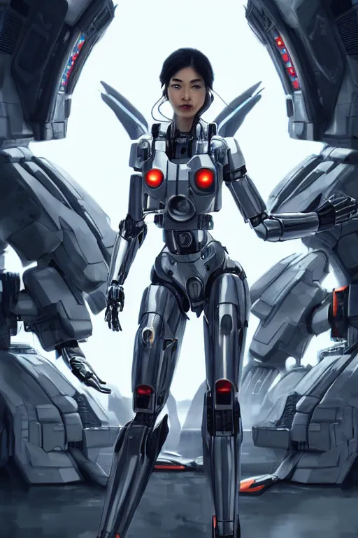 Prompt: a young attractive Asian woman in the pilot's seat of a massive sci-fi mecha, dramatic pose, LEDs, highly detailed, photorealistic, volumetric lighting, digital art, octane render, in the style of Artgerm and Tom Bagshaw