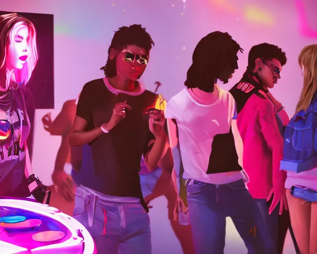 Prompt: a painting of a popular teenager hanging out with her friends at a super cool house party packed with other friends, synthwave, retrowave, synth, volumetric lighting, unreal engine, atmospheric, hip, cool, college party, arcade