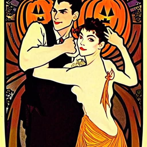 Image similar to painting of handsome young beautiful jeff and gorgeous rina together at the jack o'lantern halloween party, elegant, clear, painting, stylized, art, art by alphonse mucha, vincent van gogh, egon schiele,