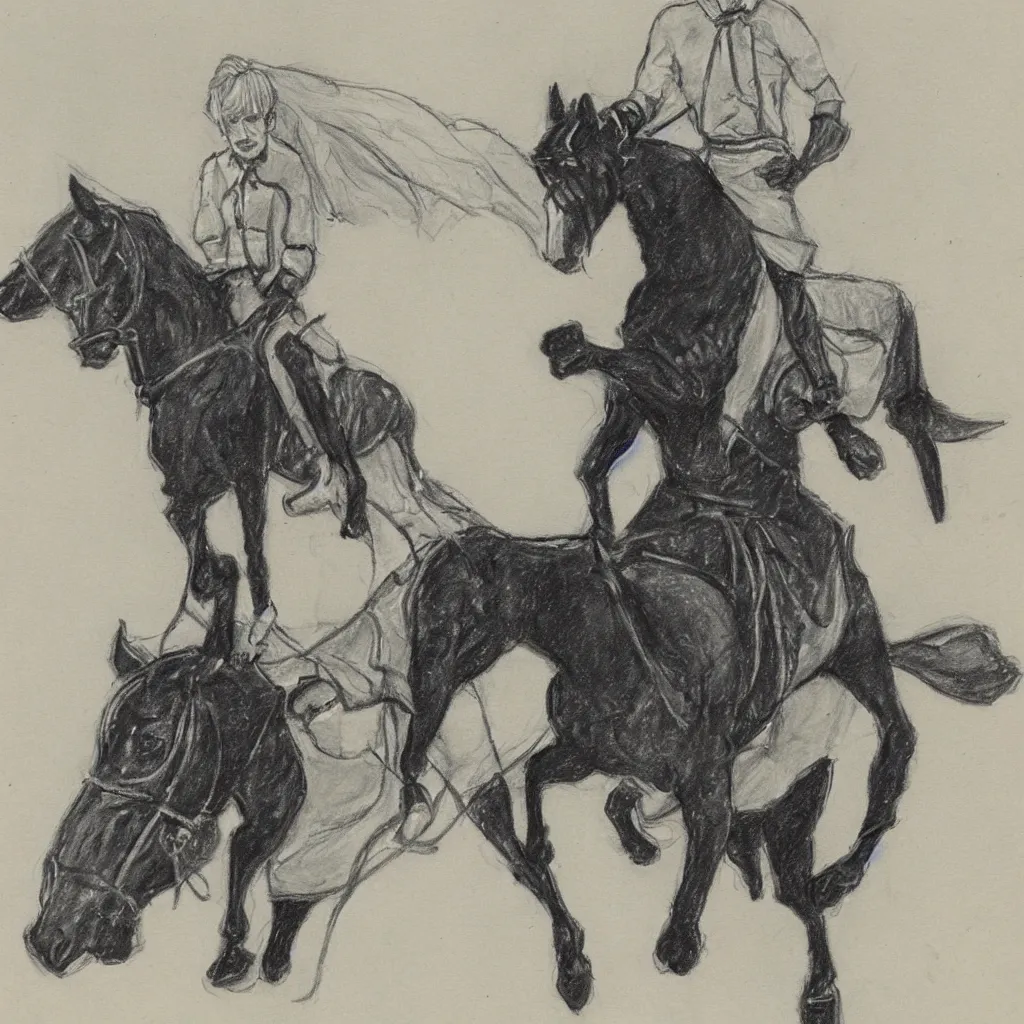 Image similar to sketch of Draco Malfoy riding one black horse, by Mary GrandPré, fairy simple