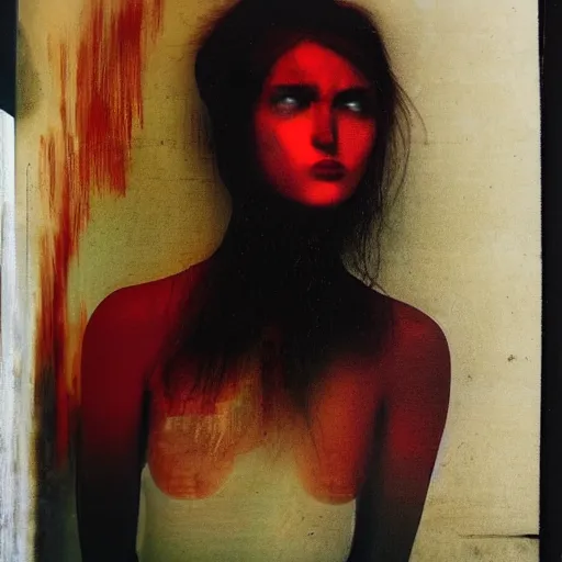 Image similar to a photo of a young woman. moody and melanchonic. red, yellow