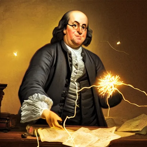 Prompt: benjamin franklin angrily throwing a string of led lights in the trash