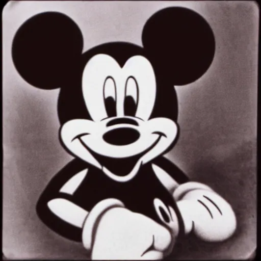 Prompt: found footage of mickey mouse, black and white, grain