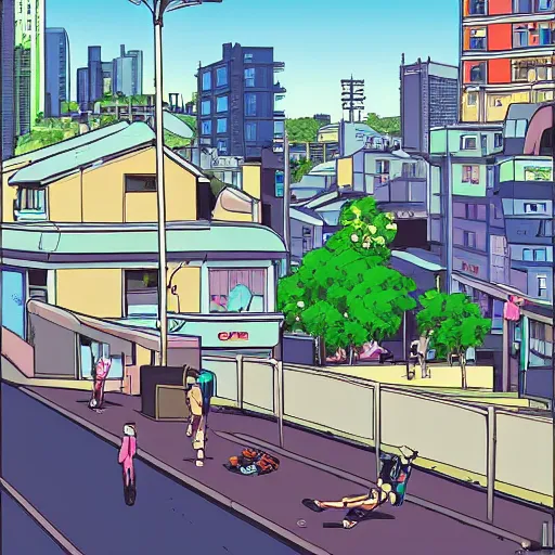 Image similar to city street, sloped street, city on tall hillside, street scene, rollerbladers grinding on rails, skaters, rollerskaters, cel - shading, 2 0 0 1 anime, flcl, jet set radio future, golden hour, japanese town, concentrated buildings, japanese neighborhood, electrical wires, cel - shaded, strong shadows, vivid hues, y 2 k aesthetic