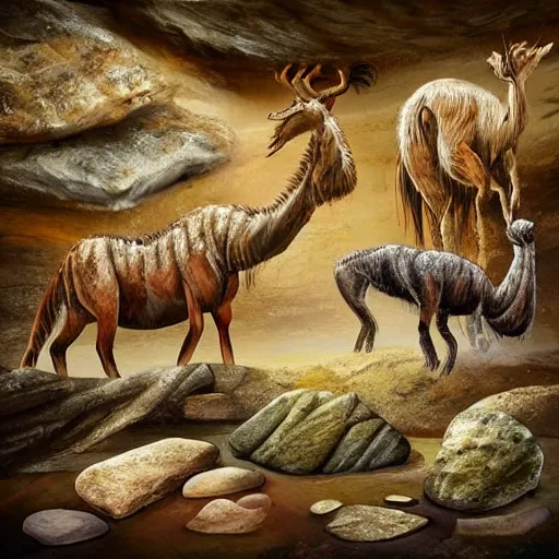 Image similar to realistic prehistoric cave drawings, cave, high quality, rocks, paint