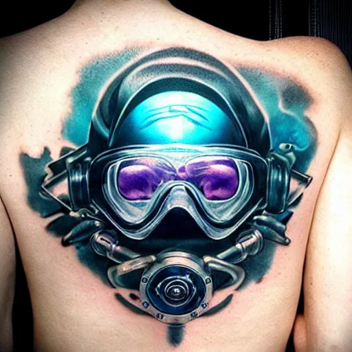 Image similar to cyberpunk underwater diver tattoo design, on white skin, by artgerm