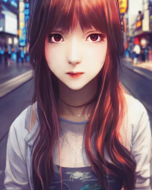 Image similar to girl in akihabara by kantoku, intricate, face, symmetrical eyes, japanese akihabara street cityscape, elegant, beautiful, highly detailed, dramatic lighting, sharp focus, trending on artstation, artstationhd, artstationhq, unreal engine, 4 k, 8 k