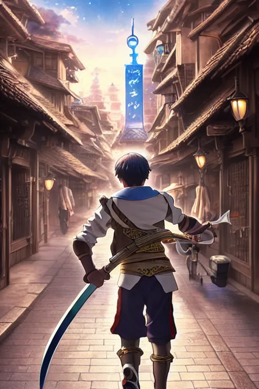 Image similar to ultra detailed keyart of sci - fy movie, a boy carrying a sword in his back is riding a simple bycycle in the main street of isekai shinjuku