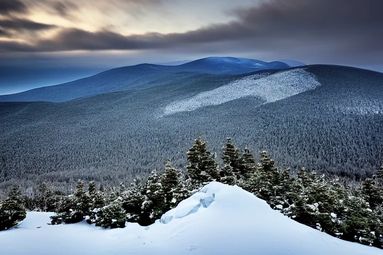 Image similar to franconia ridge, a mountain covered in snow and rocks under a cloudy sky, a tilt shift photo by david budd, trending on unsplash, hudson river school, high dynamic range, still from grand theft auto 5, rockstar advanced game engine