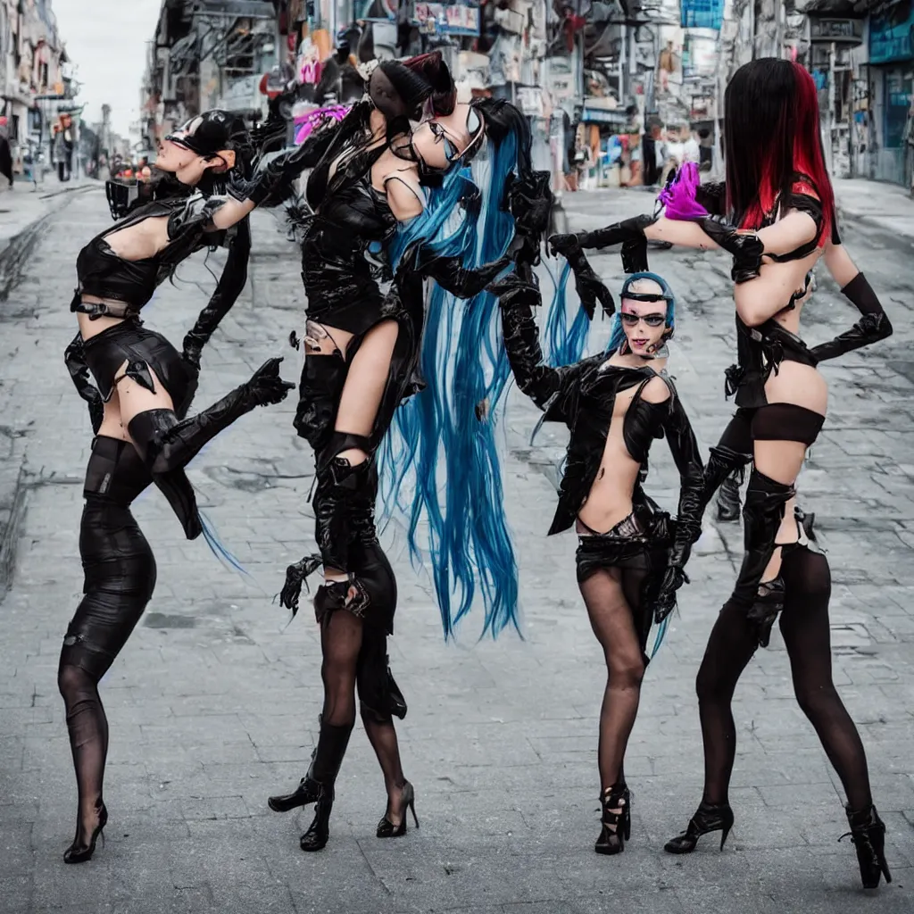 Prompt: Two sexy cyberpunk girls dance in the street