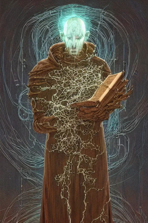 Image similar to painting of a cloaked tech priest holding a book, cybernetic enhancements attached to his body, covered in wiring, Zdzislaw Beksinski, Lewis Jones, mattias adolfsson, Warhammer 40K!!, cold hue's, cold tone gradient background, concept art, digital painting