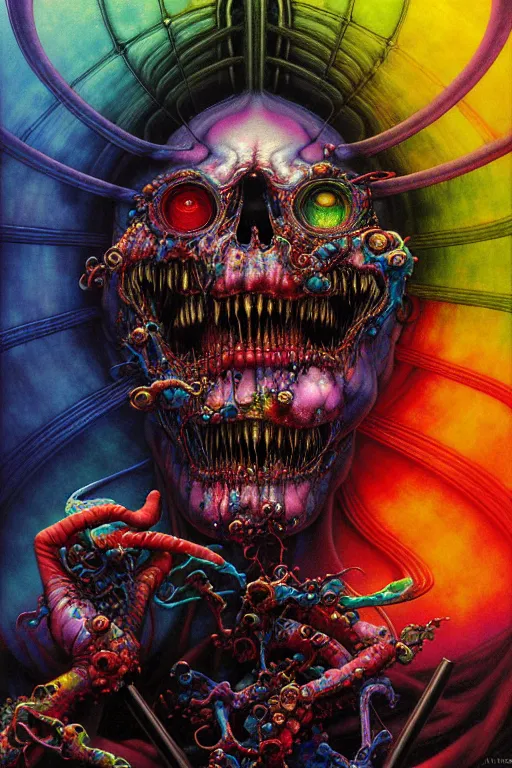 Prompt: realistic detailed image of wrathful rainbow nightmare scientist god action horror by lisa frank, john martin, ayami kojima, amano, karol bak, greg hildebrandt, and mark brooks, neo - gothic, gothic, rich deep colors. beksinski painting, part by adrian ghenie and gerhard richter. art by takato yamamoto. masterpiece