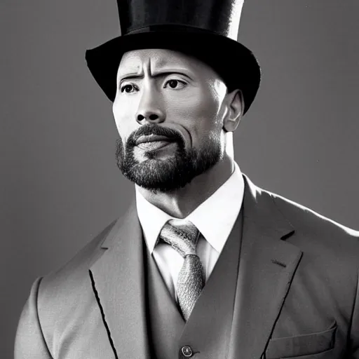 Prompt: Dwayne The Rock Johnson with a beard in the 1800s wearing a suit and a top hat with his arms around his waist