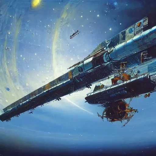 Prompt: distant view of abandoned beautiful space station floating in empty space, john berkey