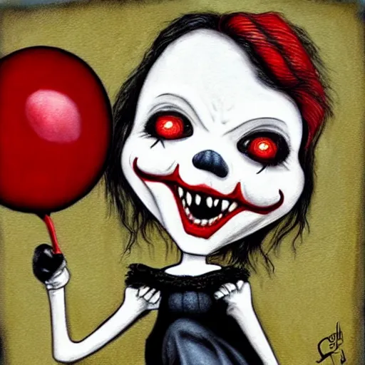 Image similar to grunge cartoon painting of a raven with a wide smile and a red balloon by chris leib, loony toons style, pennywise style, corpse bride style, horror theme, detailed, elegant, intricate