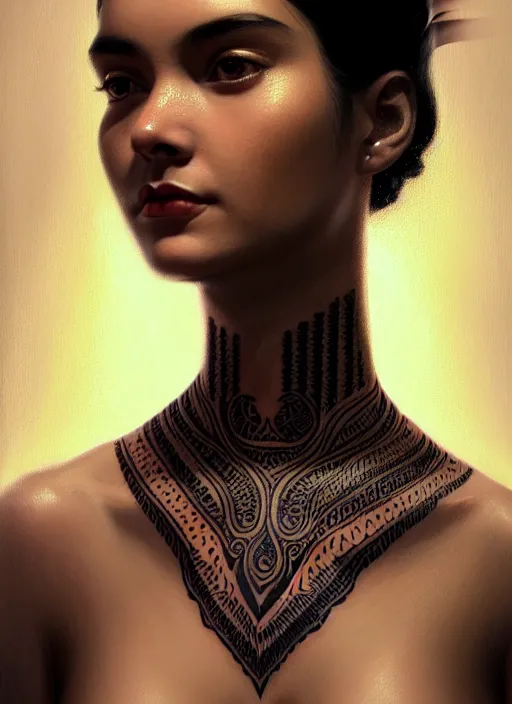 Image similar to portrait of a girl, fair skin, black hair, serious, tribal tattoos on her face, 1 9 5 0 s, intricate, elegant, glowing lights, highly detailed, digital painting, artstation, concept art, smooth, sharp focus, illustration, art by wlop, mars ravelo and greg rutkowski