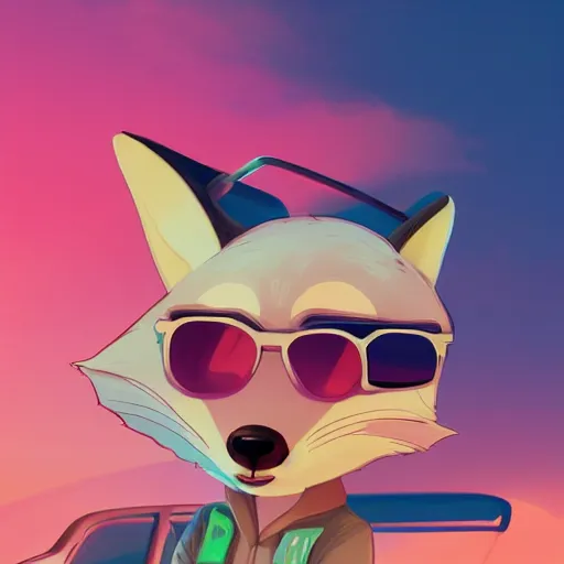 Prompt: fennec fox, pink, palm trees, furry, cute, disney zootopia, concept art, aviator sunglasses, synthwave style, artstation, detailed, award winning, dramatic lighting, miami vice, oil on canvas, GTA