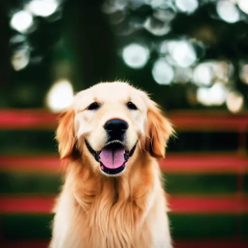 Prompt: photography of a golden _ retriever with a red cap, cinematic film, bokeh