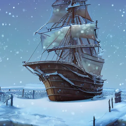 Image similar to beautiful 1600s ship frozen in the snow. Pixar Disney 4K 3d render funny animation movie Oscar winning trending on ArtStation and Behance. Ratatouille style.