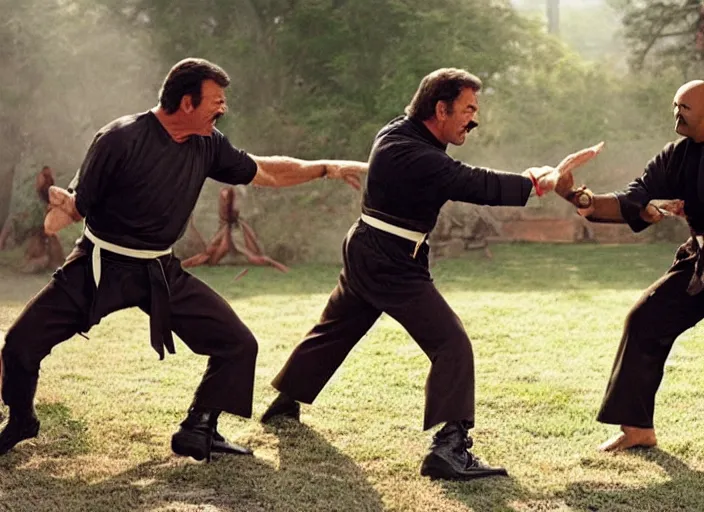 Image similar to film still of Tom Selleck and Charles Barkley fighting Ninjas in the new Bloodsport movie, 8k