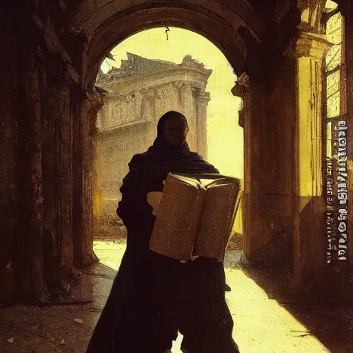 Image similar to half portait of magican wearing a closed cowl with big old book!, jeremy mann, jean leon gerome, tiepolo, alphonse mucha, greg rutkowski, face in the shadows, ( ( ruins of ancient rome ) ), at dusk, mysterious atmosphere, sunrays, dof, masterpiece, high detailed, 8 k