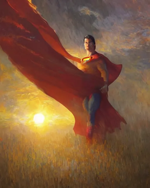 Image similar to superman emerging from the sun, elegant, orange yellow ethereal, horror, fantasy art by greg rutkowski and magali villeneuve and claude monet