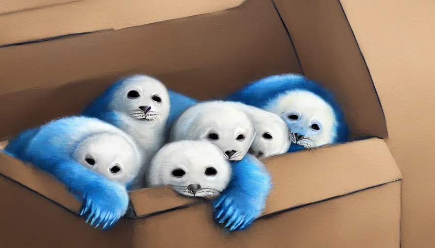 Image similar to highly detailed painting of cute furry white baby seals cuddled up in a cardboard box in a dystopian cyberpunk street by william turner, thick brush strokes and visible paint layers, 4 k resolution, blue and white colour scheme