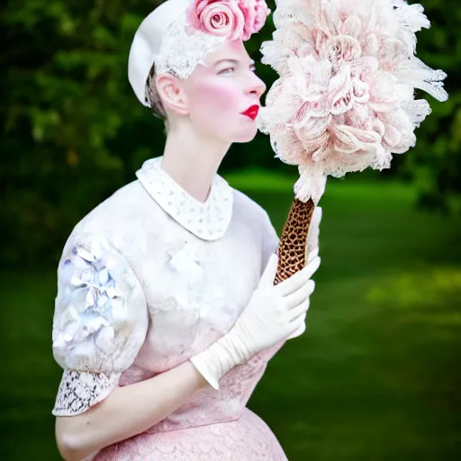 Prompt: a beautiful woman wearing a vintage powdery pink dress with a white collar made of fine lace, white gloves, full portrait, head to toe, vintage black shoes with buttons aside, holding a white magnolia flowers bouquet, 1950s vibes, with a giraffe head, long neck, smoke art, surreal portrait, fantasy, beautiful soft light, 8k, high quality, highly detailed, hyperrealistic, atmospheric