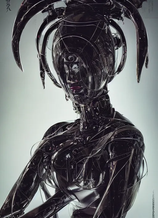 Image similar to portrait of a futuristic geisha cyborg, in the style of ghost in the shell, kintsugi, modern fine art, fractal, intricate, elegant, highly detailed, digital photography, subsurface scattering, by jheronimus bosch and h r giger and greg rutkowski,