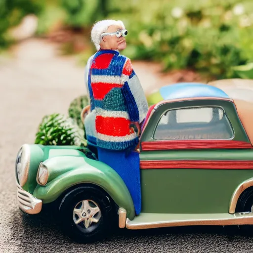 Image similar to elderly woman as a toy car, canon eos r 3, f / 1. 4, iso 2 0 0, 1 / 1 6 0 s, 8 k, raw, unedited, symmetrical balance, wide angle