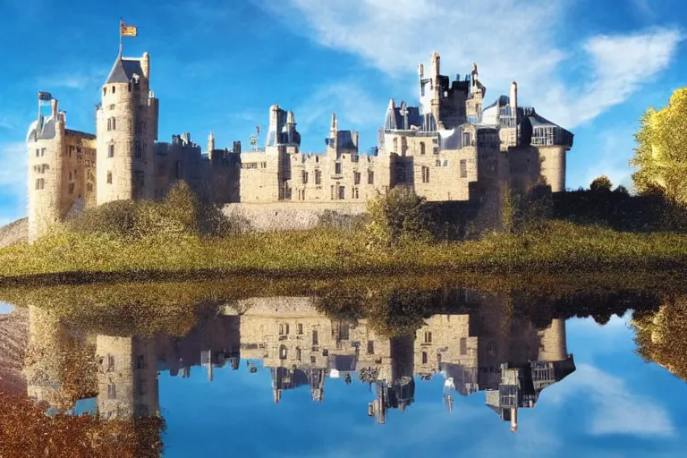 Image similar to castle, chrome, reflect, ultra realistic!!!, clear weather, golden hour, sharp focus