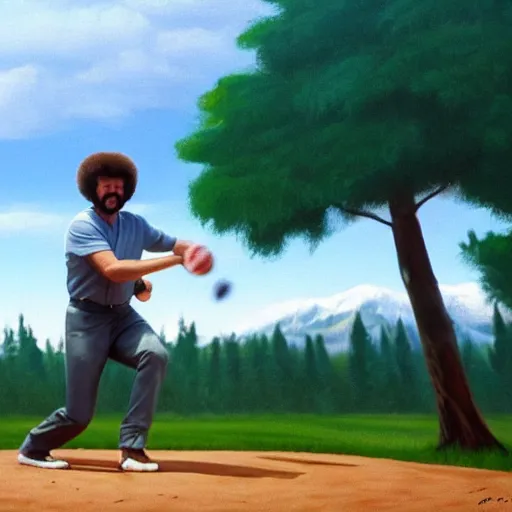 Image similar to a closeup photorealistic photograph of bob ross painting an image of kenny powers pitching a baseball on a canvas. mountains and trees. film still. brightly lit scene. this 4 k hd image is trending on artstation, featured on behance, well - rendered, extra crisp, features intricate detail, epic composition and the style of unreal engine.