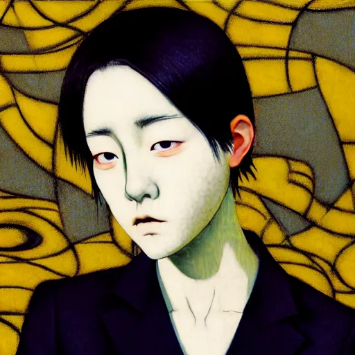 Prompt: yoshitaka amano blurred and dreamy realistic three quarter angle portrait of a young woman with short hair and black eyes wearing office suit with tie, junji ito abstract patterns in the background, shadows on the face, satoshi kon anime, noisy film grain effect, highly detailed, renaissance oil painting, weird portrait angle, blurred lost edges