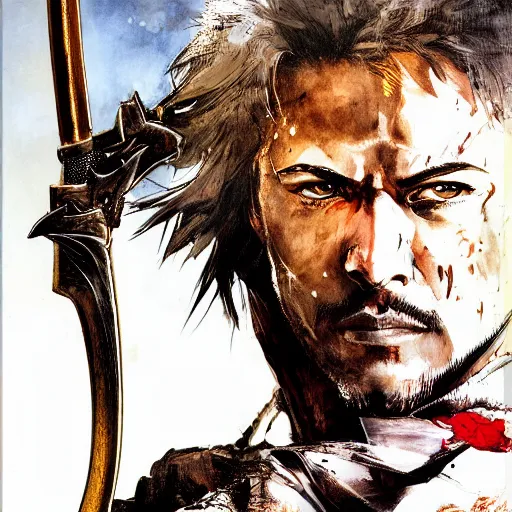 Prompt: portrait of a hero holding his sword in front of his face by yoji shinkawa, high quality, extra details, realism, ornate, colored, golden chain, blood, white skin, short hair, brown eyes, vivid, sunlight, dynamic, american man, freedom, white american soldier, painting