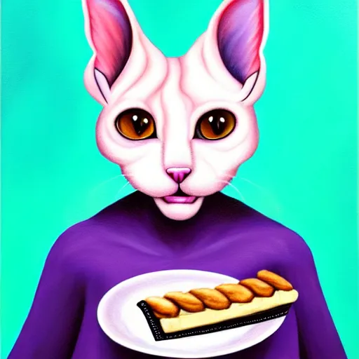 Image similar to an anthropomorphic hairless cat fursona with big cute eyes eating a slice of blueberry pie, furry art, oil on canvas, soft lighting